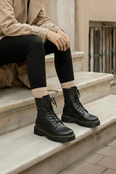 saramary Women's Black High Thick-Soled Leather Boots Waterproof Lace-Up Zippered Boots Stitched Leather Boots