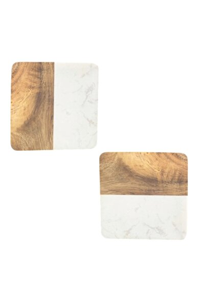 OEM Set of 2 holders, for glass and bottle, marble and wood mix, 2 sides, 10x10 cm, beige, brown