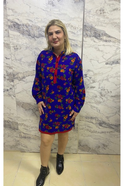 BE ATÖLYE BUTİK Pazen Yan Yırtmaçlı Diz Üstü Elbise | Uzun Kollu, Desenli, Rahat Kesim | M–L Beden Uyumlu