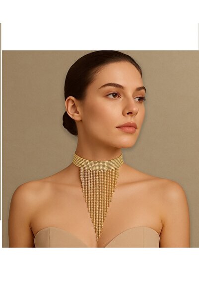 Boox99 Wip Kristal Taşlı Saçaklı Püskül Model Abiye Choker Tasma Kolye