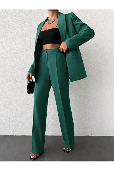 ROAVA Single Button Blazer Jacket Straight Leg Women's Suit Emerald Green