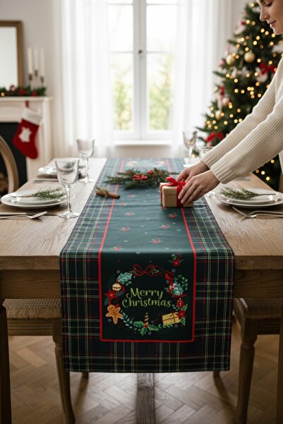 VISIONARIO Masa Örtüsü Runner Yılbaşı Temalı Merry Christmas 140x40 Raşel Örm...