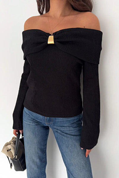 CARLA MARA Women's Open Shoulder Buckle Detailed Blouse