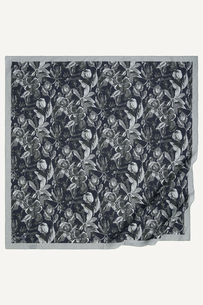 SilkTouch Gray-Navy Blue Vintage Floral Pattern Scarf