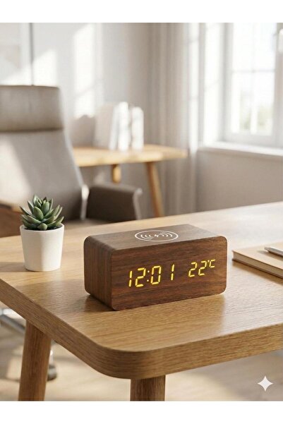 Duru Dijital Kablosuz Şarjlı (Wireless) Ahşap LED Masa Saati & Telefon Şarj İ...