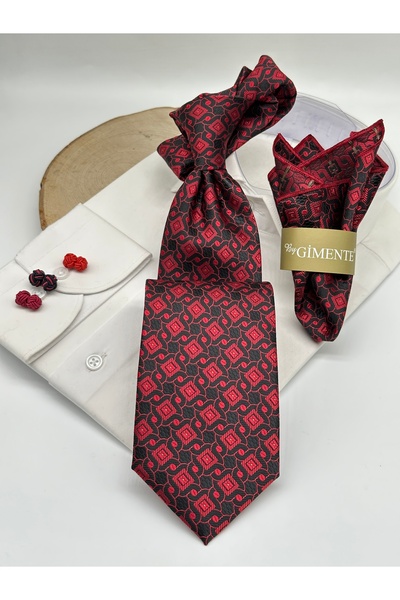 Gutiero ربطة عنق كلاسيكية باللون الأسود كلاريت الأحمر مع منديل منقوش