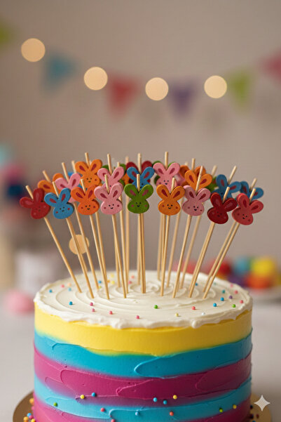 DODOMAR Bambu Kürdan Süslü Tavşan Model 12'li Pasta Sunum ve İkram Kürdanı Seti