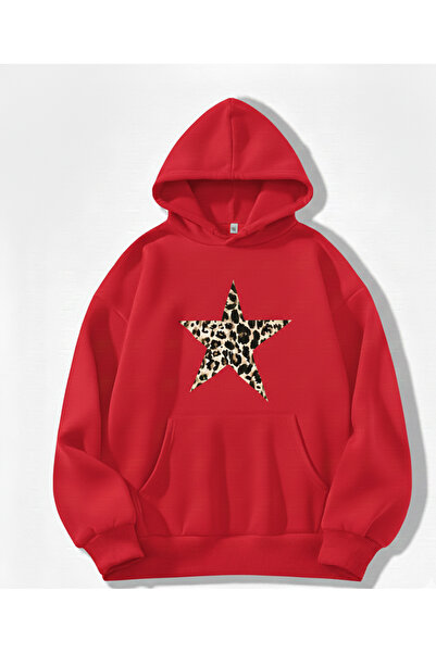 Mayer Butik Leopard Star Patterned Printed Hooded Oversized Sweatshirt