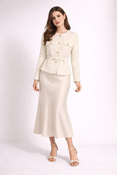 Cara Women's Tweed Jacket Satin Skirt Set Gold Button Maxi Length Office Suit