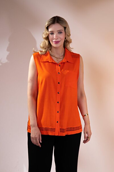 Roxxlen 1112071 Bluză pentru femei de mărime mare, portocalie, cu dungi GÜPÜR, cu buzunare