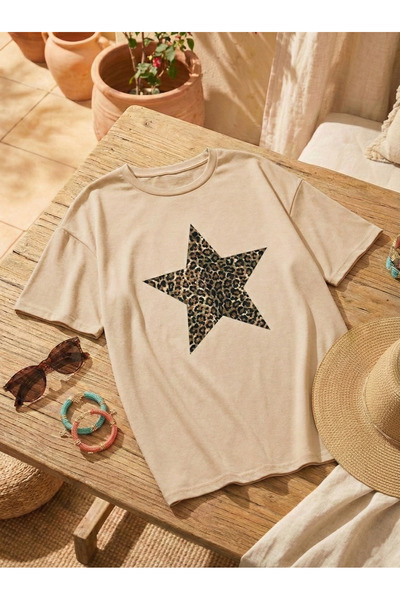 BUWOM Γυναικείο μπλουζάκι Leopard Star με στάμπα Oversize Crew Neck