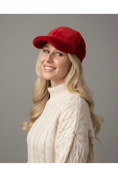 Şirin Giyim Aksesuar Peluş Şapka Kep Kadın - Kırmızı Baseball Cap Şapka Yumuş...