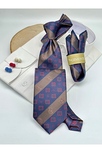 Gutiero Classic Navy Blue Brown Patterned Tie with Handkerchief