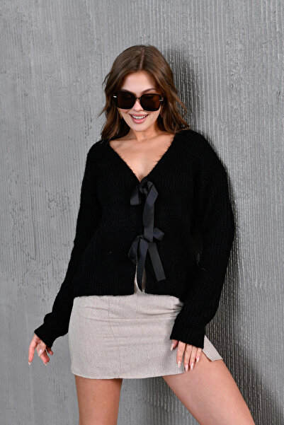 Park Karon Women's V-Neck Knit Detail Bow Knitwear Jacket 217019Sw