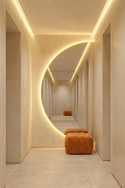 Fawdecor Modern LED Aydınlatmalı Yarım Ay Dekoratif Duvar Boy Aynası – Minimal & Lüks Tasarım