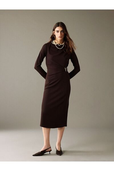 LC Waikiki Lcw Vision Brown Draped Collar Gathered Crepe Dress