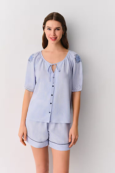 DREAM FASHION Blue Line Printed Amanda Shirt Collar Shorts Pajama Set