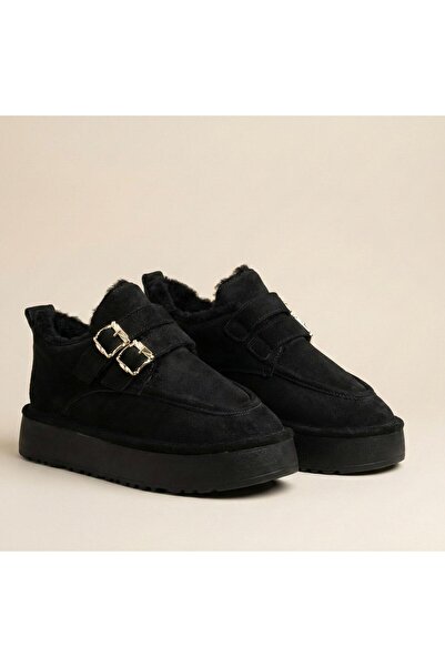 QUEEN Black Fur Inside Thick Sole Buckle Women's Shoes Ohi̇a