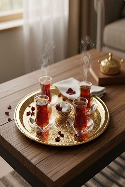 Saint Belisama Concept Tray, Round Decorated Gold Color Tray 35 cm Very Useful Tray, Tea Tray Promise Engagement Tray