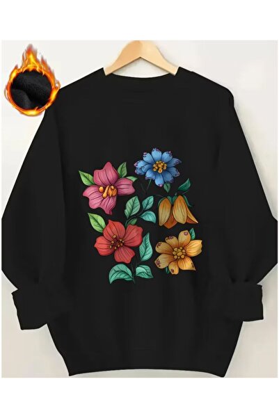 herkesemoda Detaliu de imprimare cu flori colorate guler rotund Swea tricou