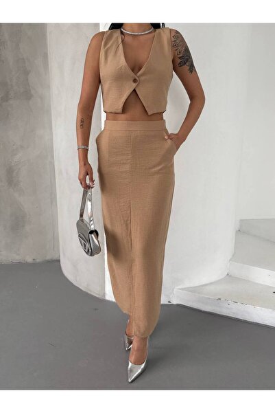 hillone aerobin vestă din țesătură de in, set fustă, camel