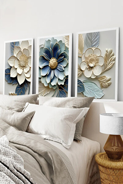 kutuTR Beyaz Çerçeveli 2D UV Baskı 3’lü MDF Tablo Set –Çiçek Temalı - BEYAZ C...