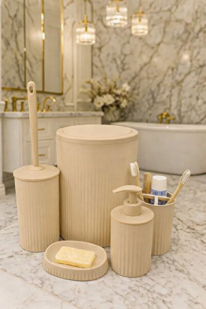 VOCO VocoSerisi Bej Banyo Seti,5 Parça Lüks Akrilik Çöp Kovası,Fırça,Sabunluk...