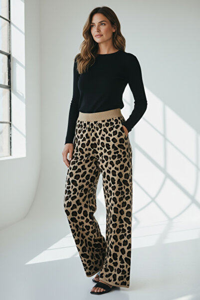 BİLGENS BUTİK Women's Leopard Print Wide Leg Winter Knit Pants