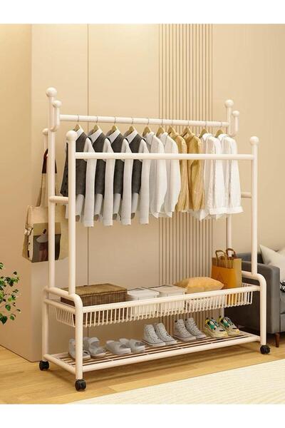 Un علاقة ملابس متحركة 2 في 1 بتصميم ابيض فاخر مع أرفف سفلية وعلاقات متعددة