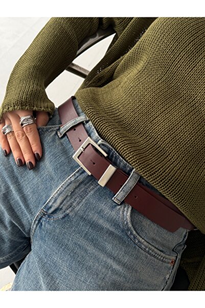 coaksco Women's Modern Rectangular Buckle Burgundy Trousers, Dress Belt