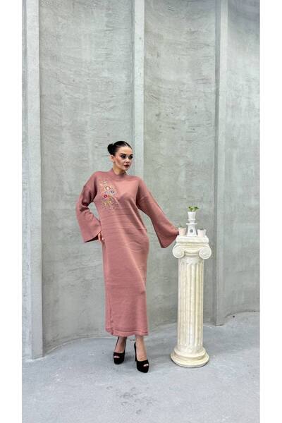 Cannes İspanyol Kollu Pembe Uzun Elbise