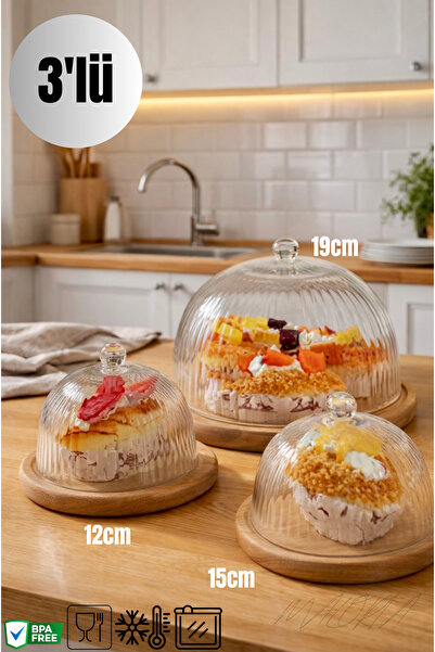 Maloria Bambu Standlı Cam Kek Fanusu Seti | 3'lü [12cm - 15cm - 19cm]