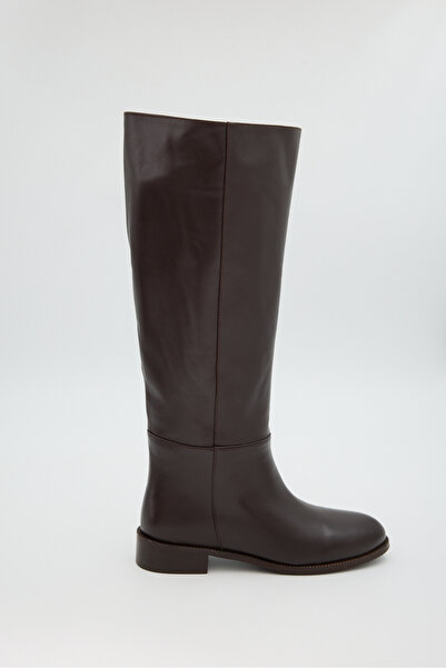 Jande Kadın Kahverengi Diz Altı Hakiki Deri Yarım Astar Çizme – Klasik XL Konç