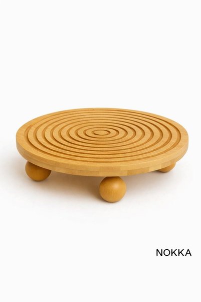 NOKKA Bamboo Top Round Stand with Feet Line Patterned Presentation Plate 28X28Cm
