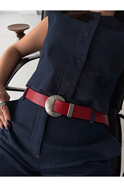 coaksco بنطلون نسائي أحمر بمشبك دائري، حزام فستان