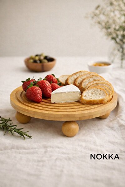 NOKKA طبق تقديم دائري من الخيزران مع قاعدة علوية منقوشة مقاس 28 × 28 سم