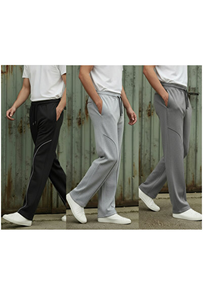 Sizce Moda 3 Pack Black |   Smoked |   Gray Baggy Elastic Waist Wide Leg 2 Thread Fabric B Piped Sweatpants