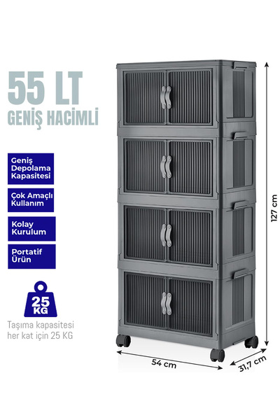 Evsane 4'lü Portatif Organizer Tekerlekli Pratik Çok Amaçlı Kapaklı Katlanır ...