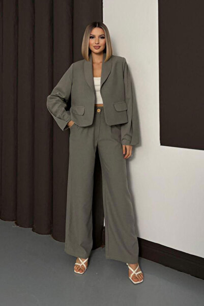 bacc Khaki Double Pocket Jacket and Palazzo Pants Woven Bottom Top Set Bchn-254002