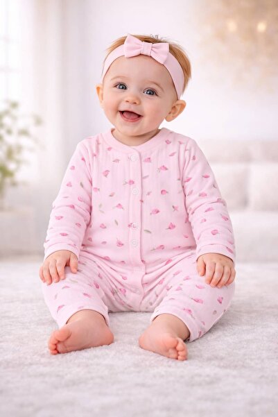 Süpermini Leafy Flower Cuffed Baby Girl Jumpsuit (0-3 3-6 6-9) Months
