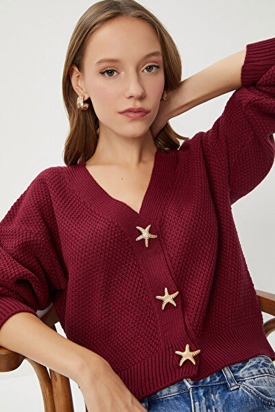 bacc Burgundy Star Buttoned Knitwear Cardigan Bcvl-25T500