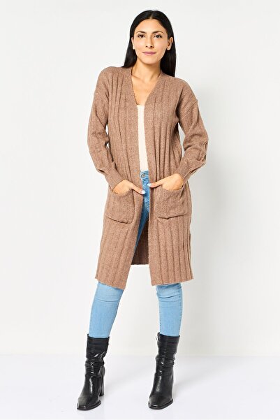 PİNK ROSE Women Split Neck Textured Cardigan, Brown