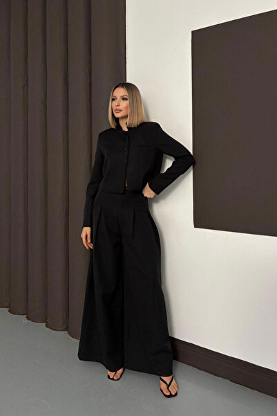 bacc Black Double Button Jacket and Pleated Woven Pants Bottom Top Set Bchn-254005