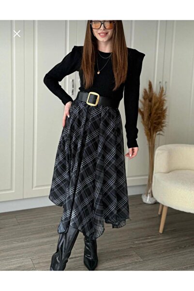 Paraf style Stylish Square Patterned Midi Skirt