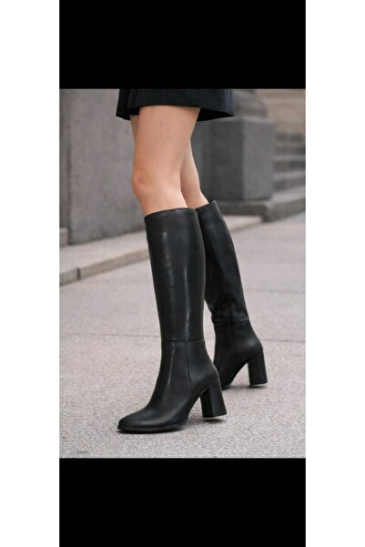 İnciAkfırat حذاء جلدي أسود بكعب طويل