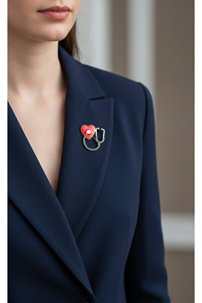 Efe Aks Sağlıkçı Temalı Kalp Stetoskop Broş - Altın Sarısı Kırmızı Mine Yaka ...