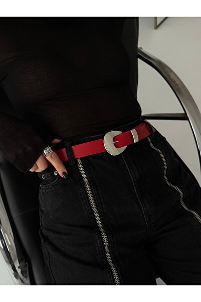 coaksco Women's Asymmetrical Oval Metal Buckle Red Belt