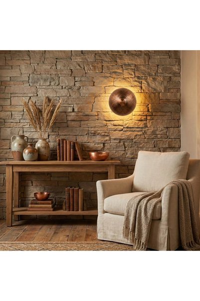 MOİRA Decor Rustic Hammered Patterned G/9 Copper Antique Sconce Wall Lamp with Base, Petek-16180-A