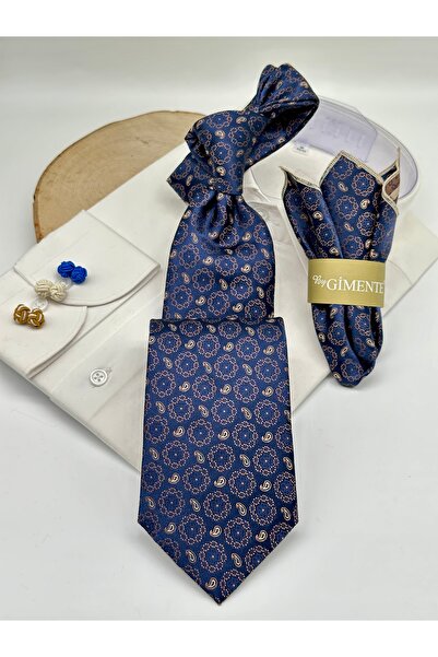 Gutiero Navy Blue Beige Paisley Patterned Classic Tie with Handkerchief