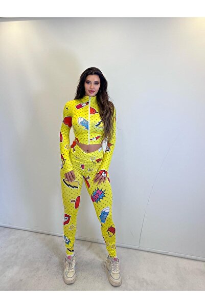 pink life Set triplu cu colanți și bustieră cu model galben